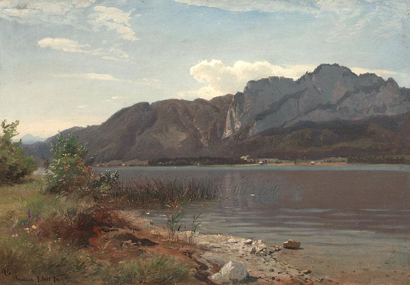 Hans Gude Landskap fra Drachenwand ved Mondsee oil painting image